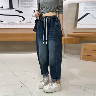 胖妹妹松紧腰系带哈伦牛仔裤宽松遮胯大码女装秋季款百搭老爹长裤