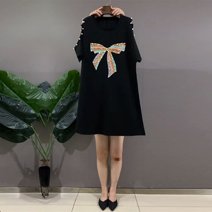 胖妹妹mm夏装 洋气蝴蝶结钉珠露肩裙子新款 遮肚显瘦连衣裙 女装 大码
