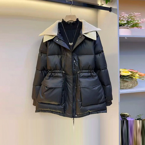 大码女装拼色针织翻领长袖棉服-