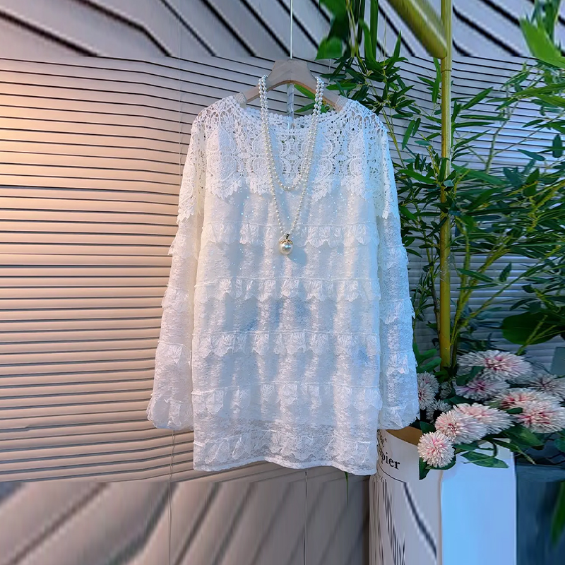 大码女装圆领长袖蕾丝上衣