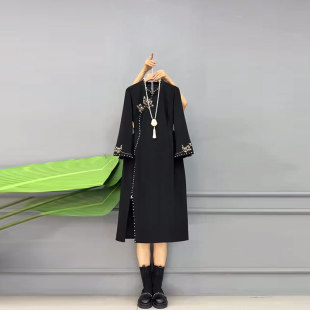 法式胖MM立领钉珠边花朵袖口连衣裙大码女装气质复古风洋气旗袍裙