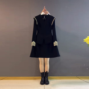加肥拼色袖口长袖收腰连衣裙胖妹妹气质中长款轻熟风黑色洋气裙子