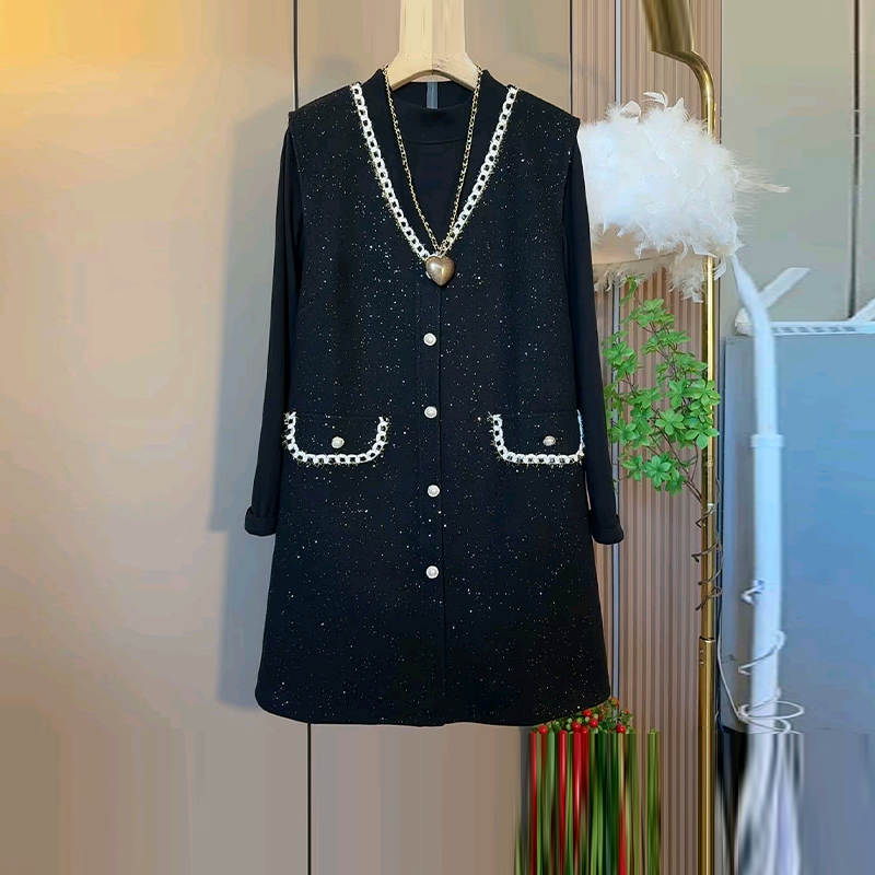 立领长袖打底衫V领拼色边马甲裙