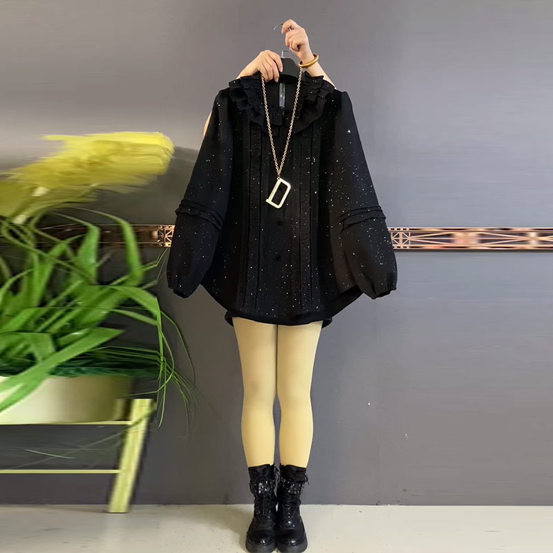 胖妹妹荷叶领长袖上衣宽松遮肚子大码女装韩版秋冬款黑色百搭外套