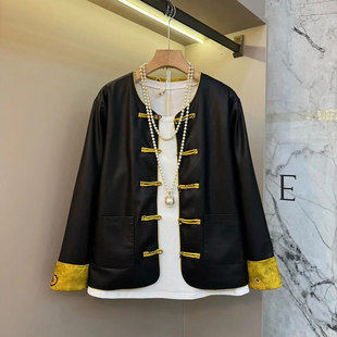 胖MM加肥拼色袖口盘扣皮外套大码女装法式欧洲站洋气国风百搭上衣