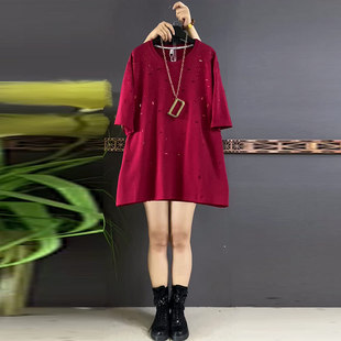 款 加肥女圆领短袖 秋季 女装 休闲T恤 亮钻上衣胖妹妹宽松遮肚子大码