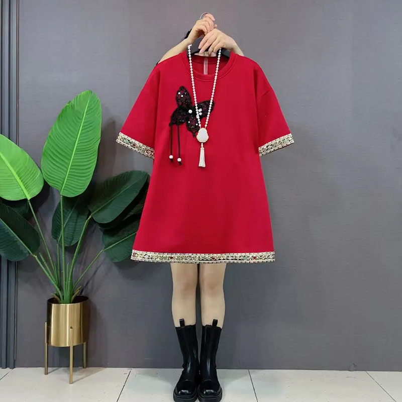 流苏蝴蝶结拼色边圆领上衣