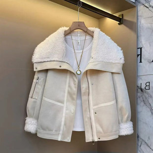 加肥大翻领长袖外套加肥大码女装洋气欧洲站冬季款毛毛内里皮上衣