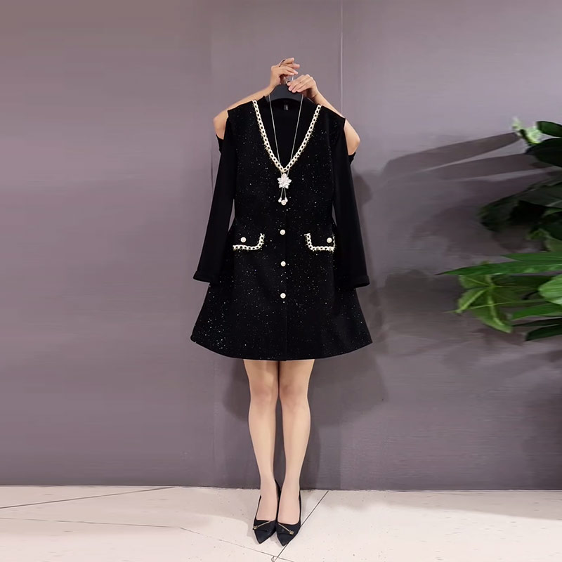 立领长袖打底衫V领拼色边马甲裙