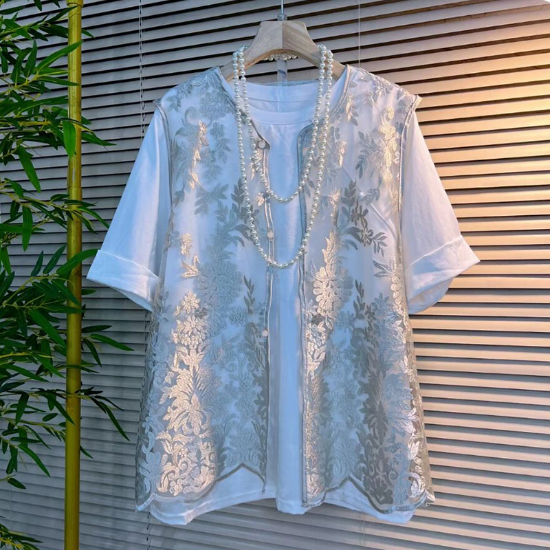 加大码女装暗花国风马甲胖妹妹纯色简约夏季款休闲圆领短袖T恤衫