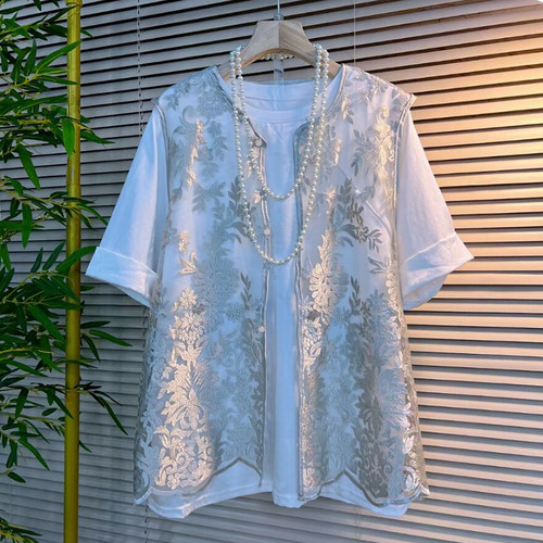 暗花国风马甲圆领短袖T恤衫上衣