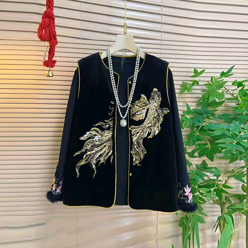 加肥女亮片图案丝绒棉马甲胖妹妹法式新中式气质百搭毛毛袖口小衫