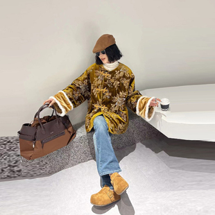 新中式 女装 设计感棉服 口盘扣暗花国风外套大码 胖MM加肥拼色毛毛袖