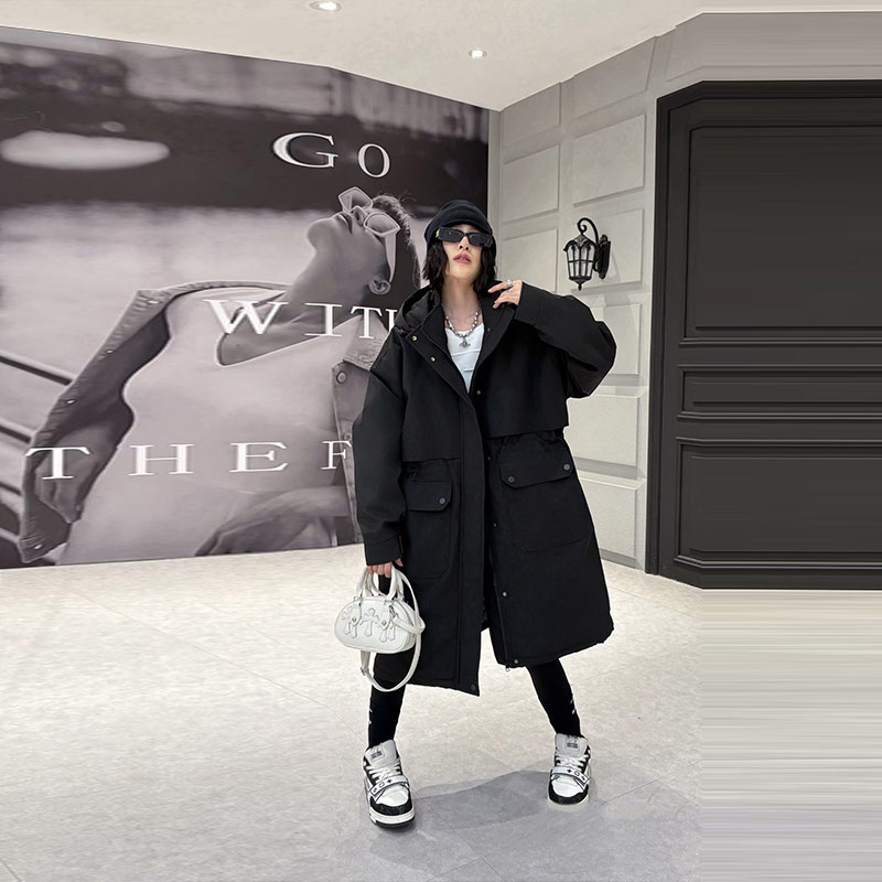 加肥连帽长袖收腰棉服外套