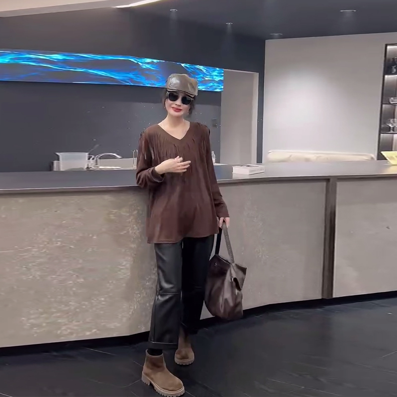 大码女装V领流苏边长袖上衣