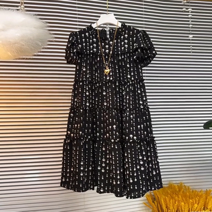 立领荷叶边肩雪纺连衣裙潮 女装 胖妹妹中长款 宽松显瘦减龄加肥大码