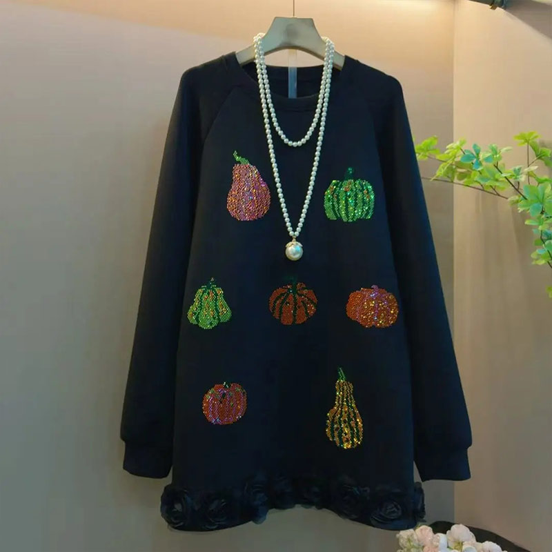 大码女装彩色亮钻图案长袖上衣