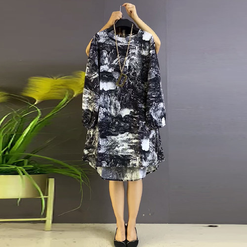 大码圆领长袖水墨画大衫上衣