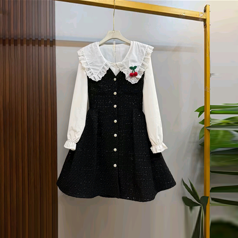 娃娃领荷叶长袖衬衫马甲裙套装