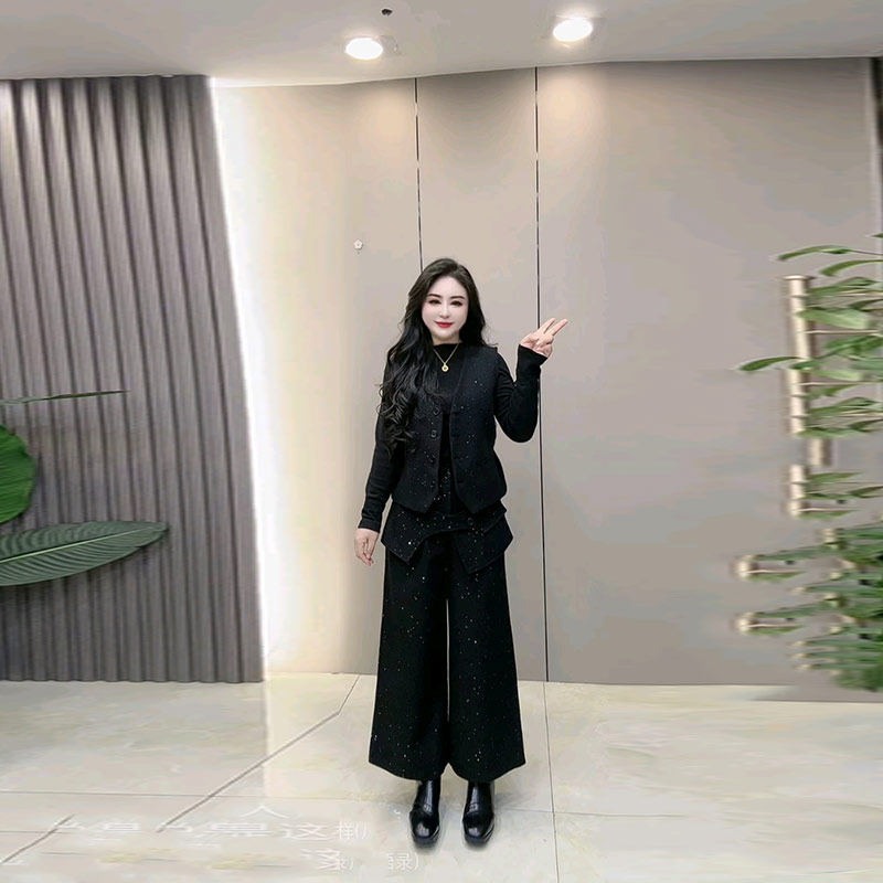 V领马甲长袖打底衫阔腿九分裤