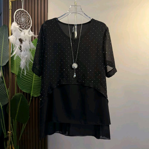 胖妹妹圆领短袖亮钻上衣