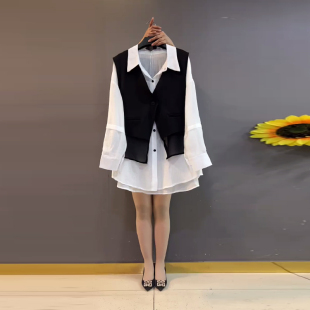 女装 胖MM加肥V领马甲翻领长袖 大码 2026春秋款 通勤简约两件套 衬衫