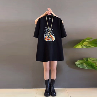 大码女装拼色图案圆领短袖上衣宽松遮肚子胖MM韩版减龄休闲T恤衫