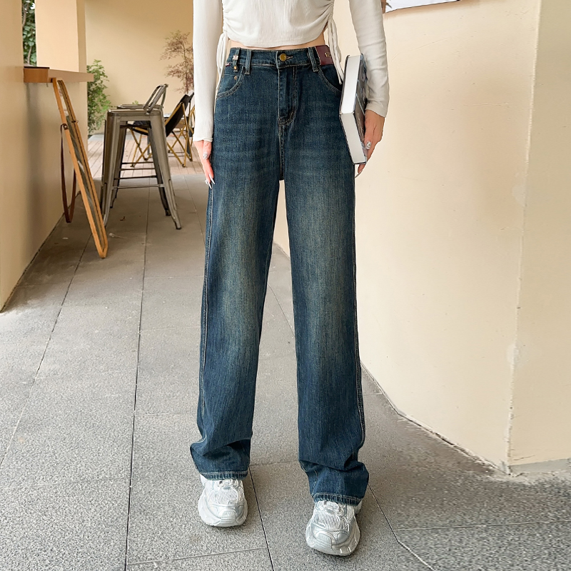 后腰松紧净版阔腿牛仔长裤裤子