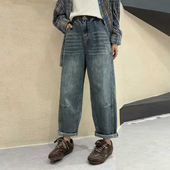 百搭长裤 加肥大码 子胖妹妹宽松遮胯欧洲站春秋款 松紧腰牛仔裤 女装
