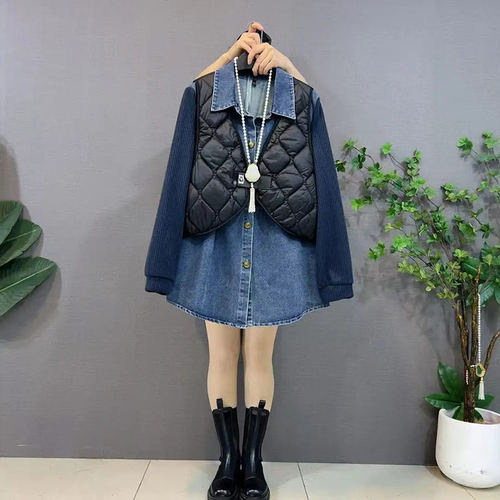 拼接牛仔长袖假两件棉服