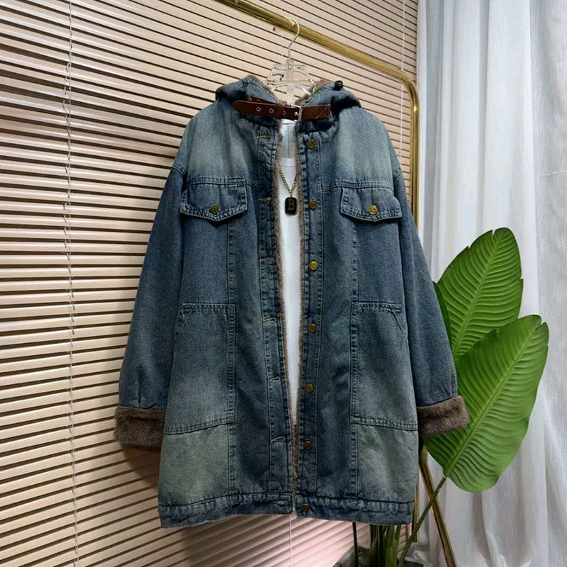 加肥水洗牛仔仿貂绒牛仔外套