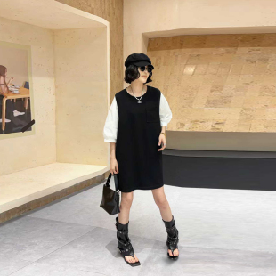 圆领连衣裙胖妹妹中长款 拼色短袖 宽松遮肚子简约休闲裙 女装 加大码