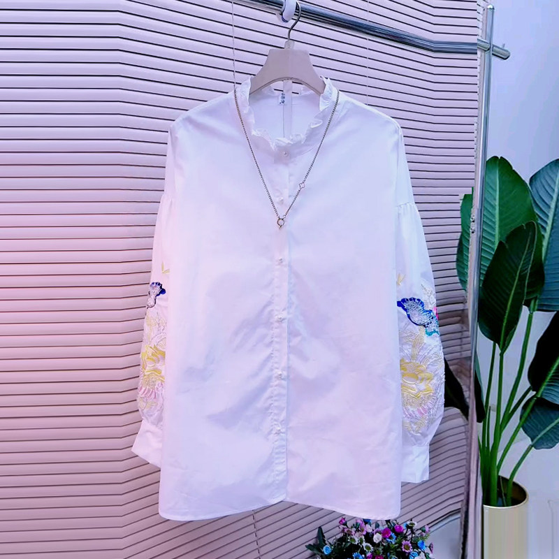大码女装荷叶立领刺绣长袖衬衫胖妹妹气质减龄显瘦欧洲站洋气上衣,女装/女士精品,大码内搭,淘宝优惠券,粉丝福利购,淘宝优惠卷