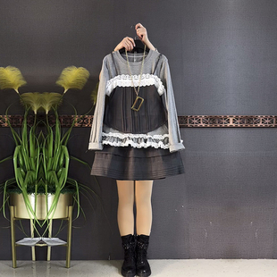 胖妹妹圆领长袖打底衫蕾丝边吊带背心短裙韩版减龄大码女装三件套