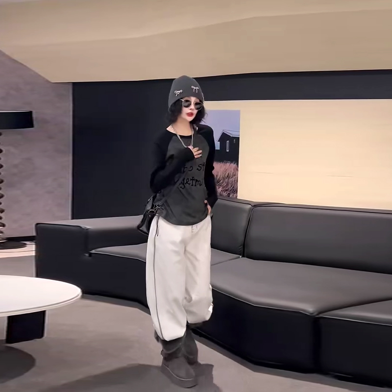 胖妹妹侧抽绳拼色长袖晕染上衣