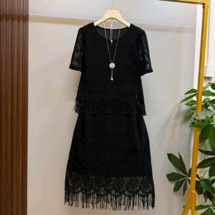 加肥蕾丝短袖拼裙摆收腰连衣裙法式气质大码女装赫本风显瘦小黑裙
