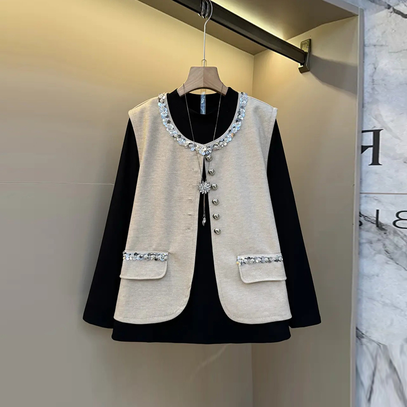 立领长袖打底衫两件套亮片领马甲