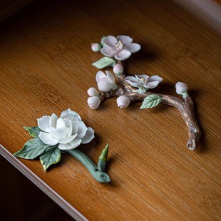 茶宠摆件 精品可养纯手工捏陶瓷白玉兰花茶室办公桌笔托架线香插