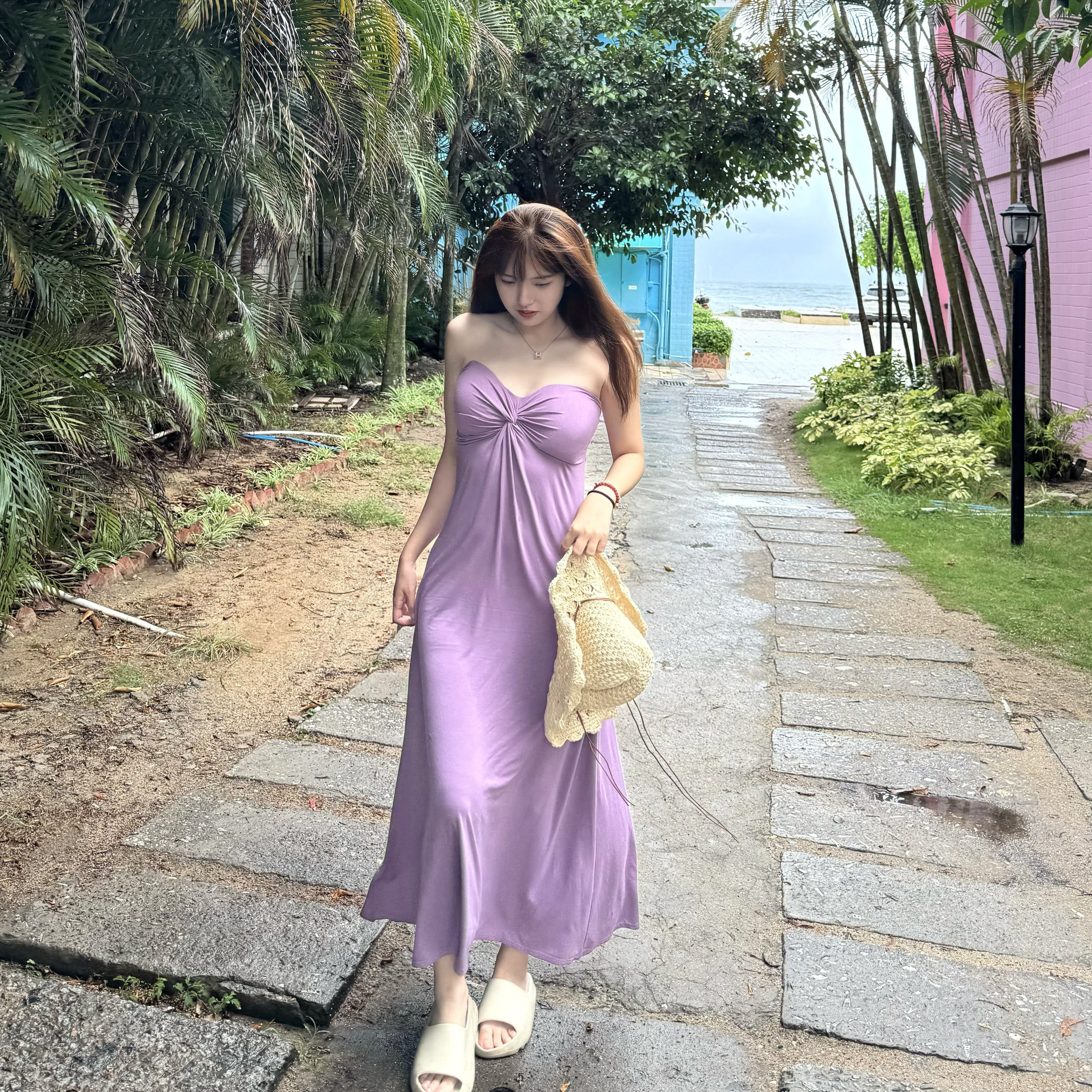 OneSea定制裹胸连衣裙女夏季纯欲风性感露背长裙收腰显瘦沙滩裙
