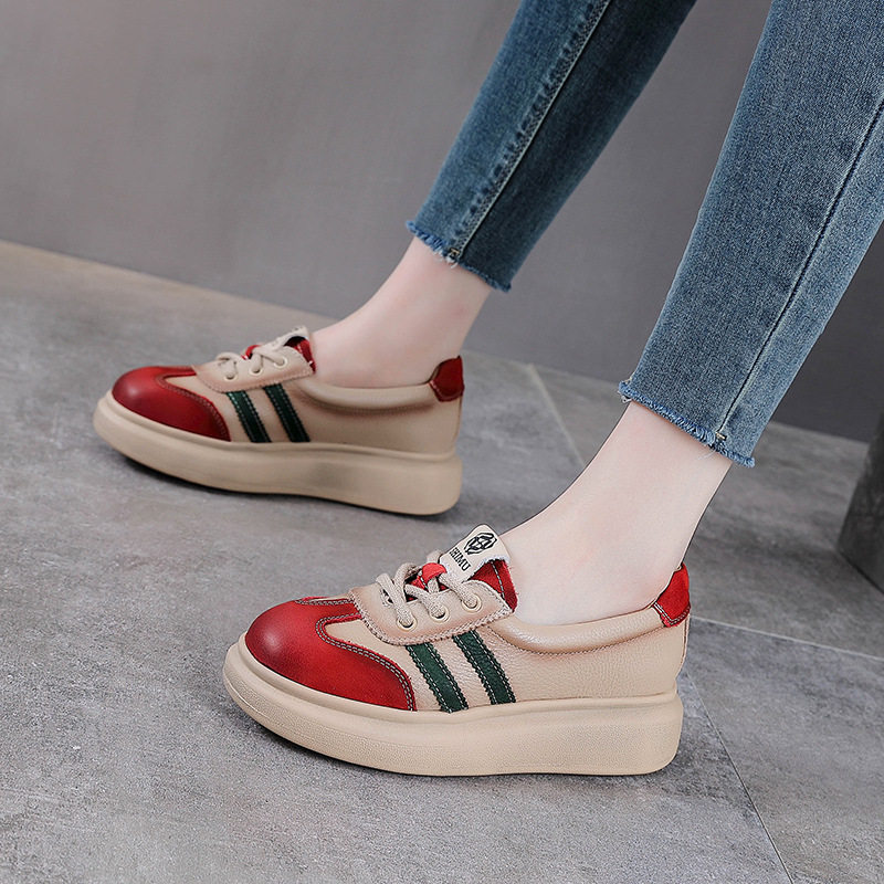 头层牛皮复古单鞋女2025春秋新款厚底拼色休闲板鞋圆头真皮女鞋子