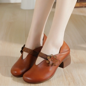 浅口圆头中粗跟软底防滑皮鞋 653A春夏民族风真皮花朵单鞋 妈妈鞋 女