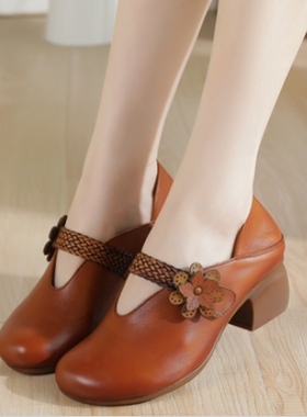 653A春夏民族风真皮花朵单鞋妈妈鞋浅口圆头中粗跟软底防滑皮鞋女