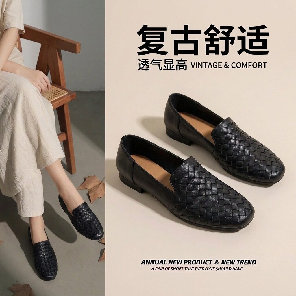水洗牛皮编织一脚蹬乐福鞋浅口单鞋真皮软底防滑套脚平跟妈妈皮鞋