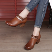 新款 民族风手工花朵原创复古女鞋 皮鞋 658中跟单鞋 防滑妈妈鞋 圆头