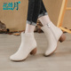 398中跟短靴民族风中粗跟软底防滑皮靴纯色侧拉链妈妈时装 低筒靴