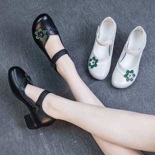 春夏 532中跟花朵单鞋 妈妈鞋 粗跟软底浅口头层头皮四季 民族风皮鞋