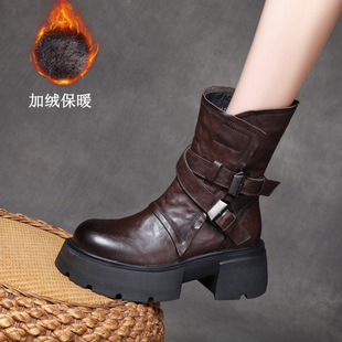 619手抓纹厚底马丁靴25冬头层牛皮加绒中筒女靴真皮搭扣粗跟棉靴