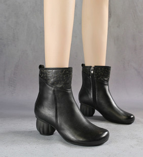 673中跟靴软底真皮冬新款 妈妈靴民族风复古原创靴皮靴中筒靴棉靴