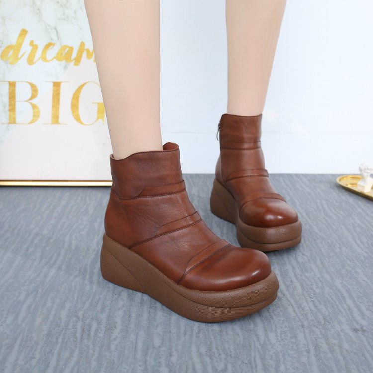 9083三横软底真皮短靴秋冬新款厚底松糕鞋妈妈鞋皮靴民族风原创