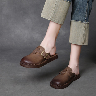 头层牛皮复古勃肯鞋半拖鞋女厚底2025夏季新款懒人外穿包头拖鞋